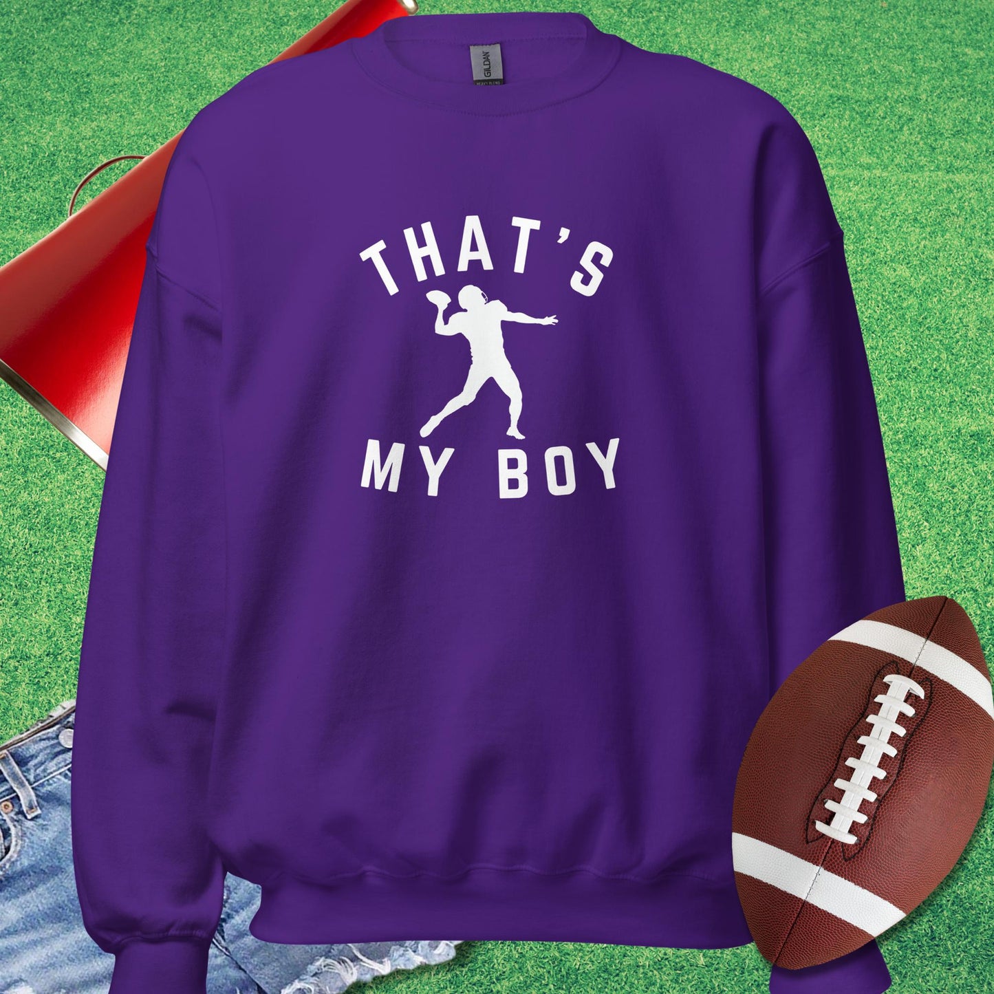 That My Boy the Quarterback Sweatshirt in Purple - Football Tailgate Sweatshirt by Sideline Gods