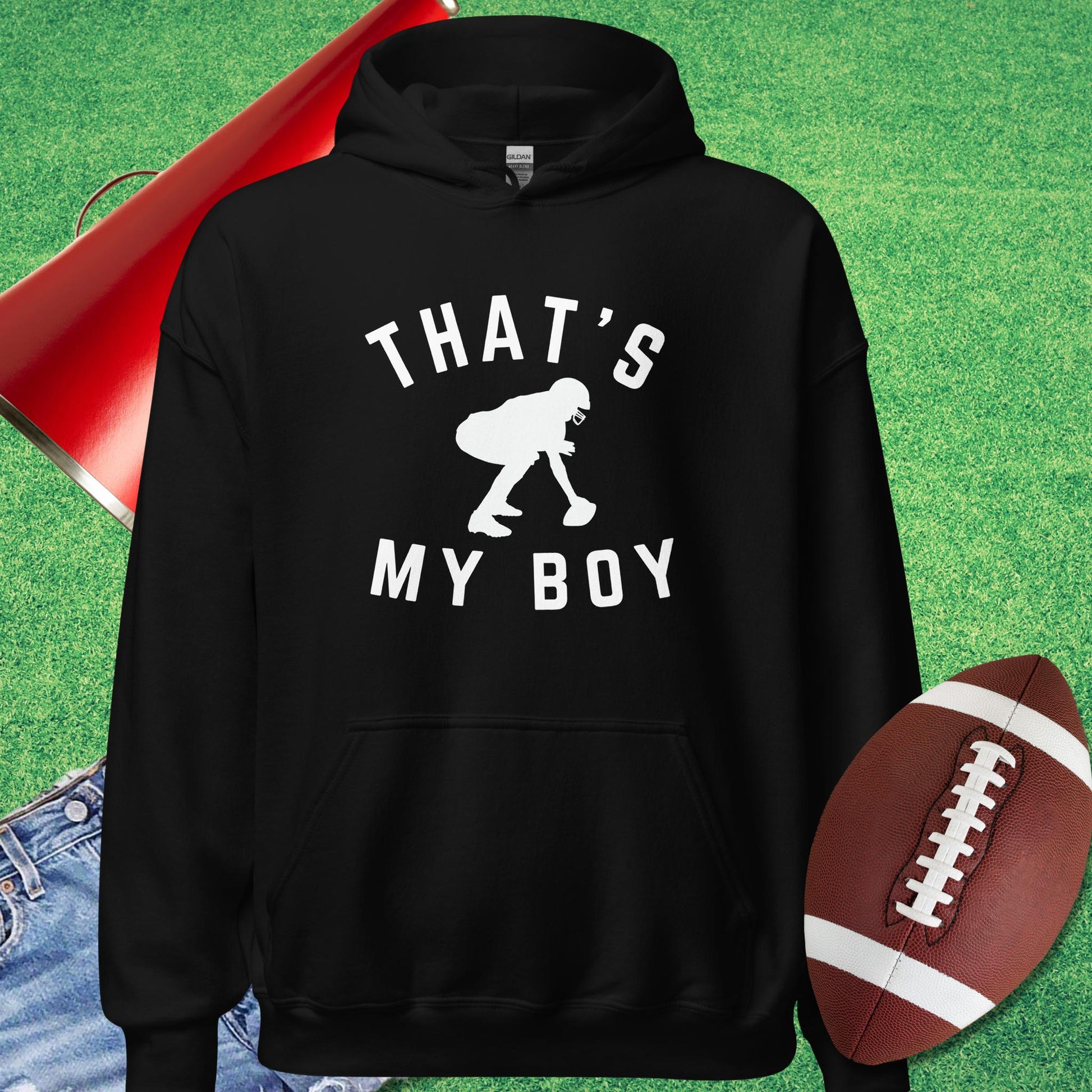 That's My Boy at Center Hoodie in Black - Proud Football Dad Hoodie by Sideline Gods