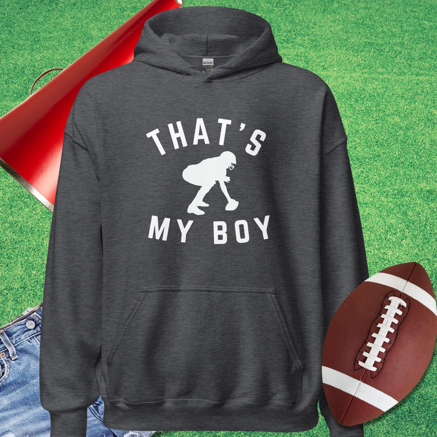 That's My Boy at Center Hoodie in Dark Heather - Proud Football Mom Hoodie by Sideline Gods