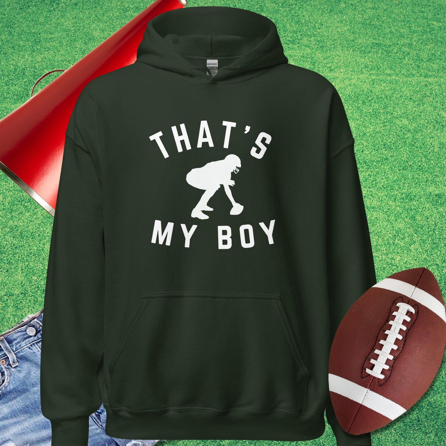 That's My Boy at Center Hoodie in Forest Green - Football Tailgate Hoodie by Sideline Gods