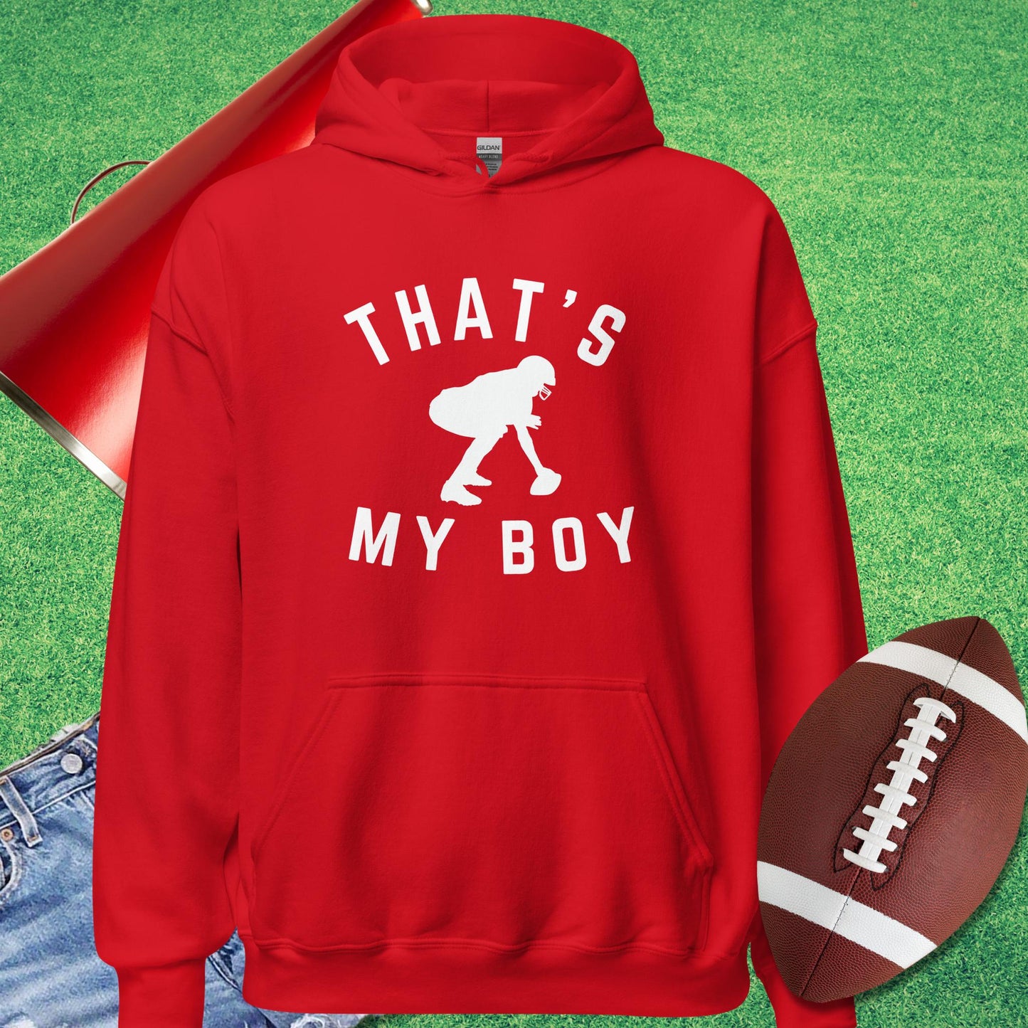 That's My Boy at Center Hoodie in Red - football parent gifts by Sideline Gods