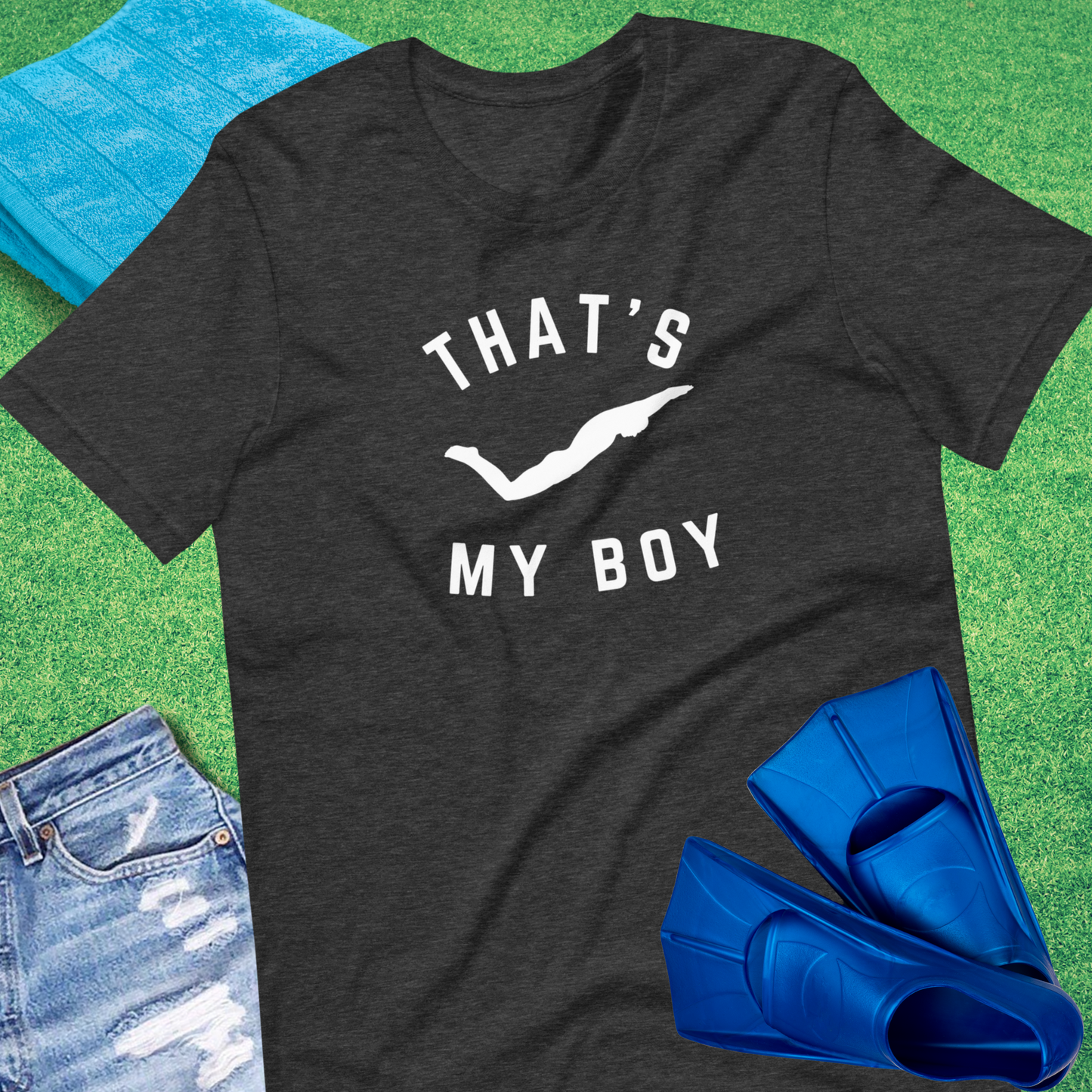 That's My Boy In the Pool T-Shirt in Dark Grey Heather - Swim Team Parent T-Shirt | Sideline Gods