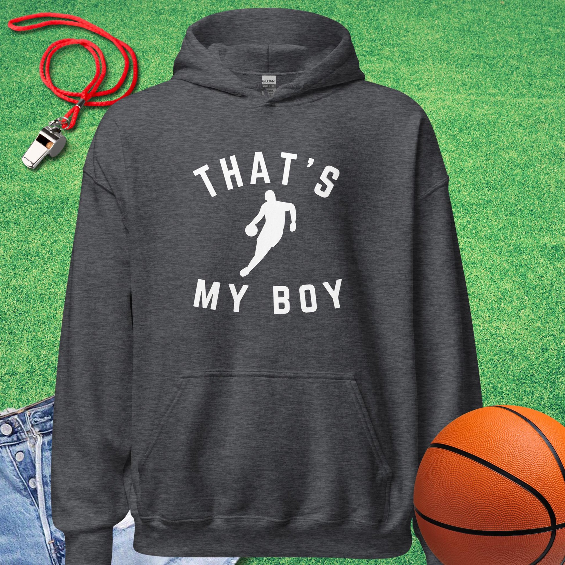 That's My Boy on the Court Hoodie in Dark Heather - Basketball Mom Gift | Sideline Gods