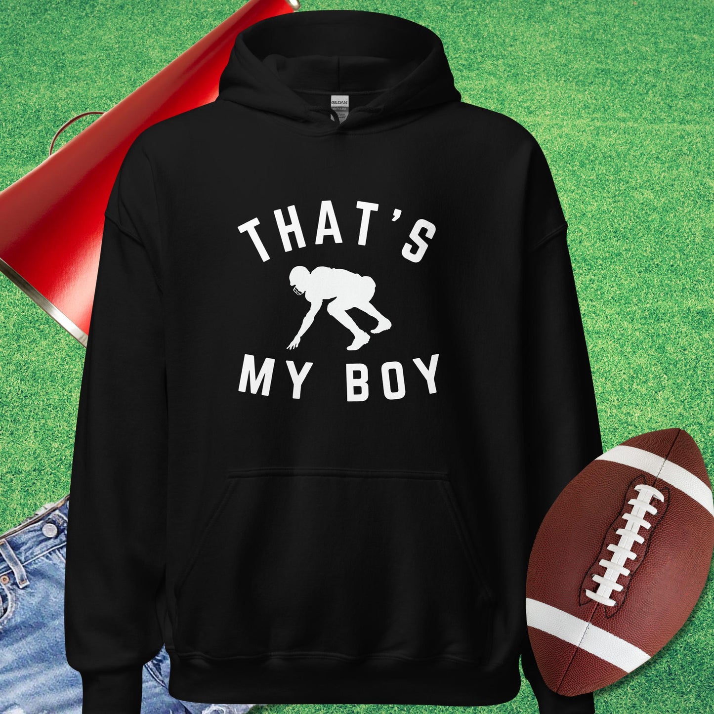 That's My Boy on the Line Hoodie in Black - football game day Hoodie by Sideline Gods