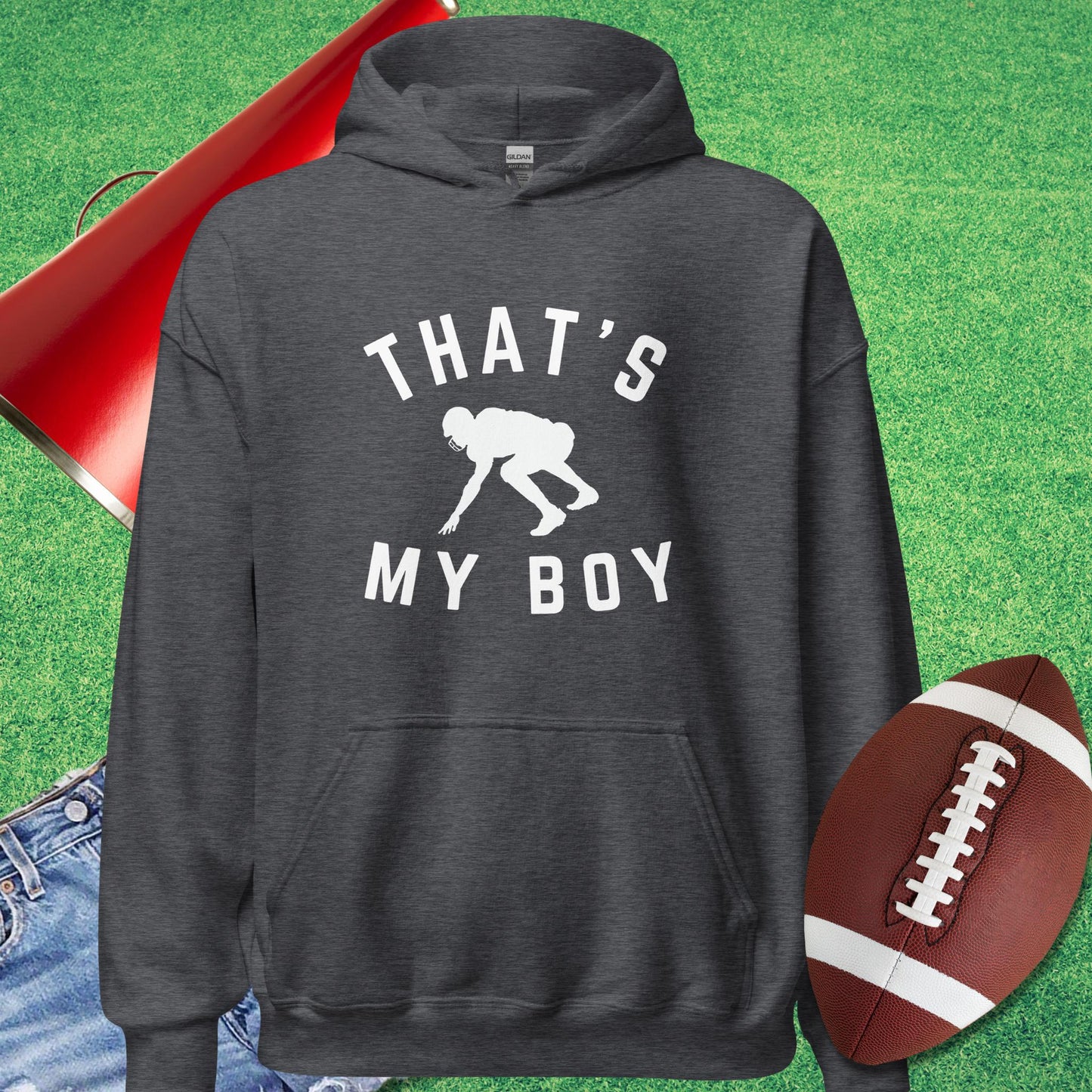 That's My Boy on the Line Hoodie in Dark Heather - football parent gifts by Sideline Gods