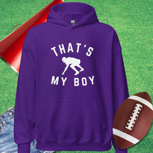 That's My Boy on the Line Hoodie in Purple - Proud Football Mom Hoodie by Sideline Gods