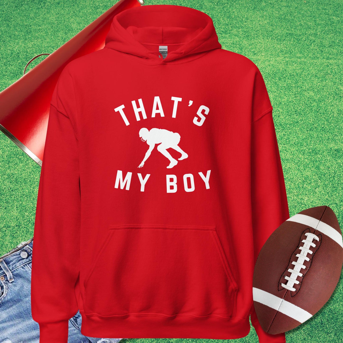 That's My Boy on the Line Hoodie in Red - Proud Football Dad Hoodie by Sideline Gods