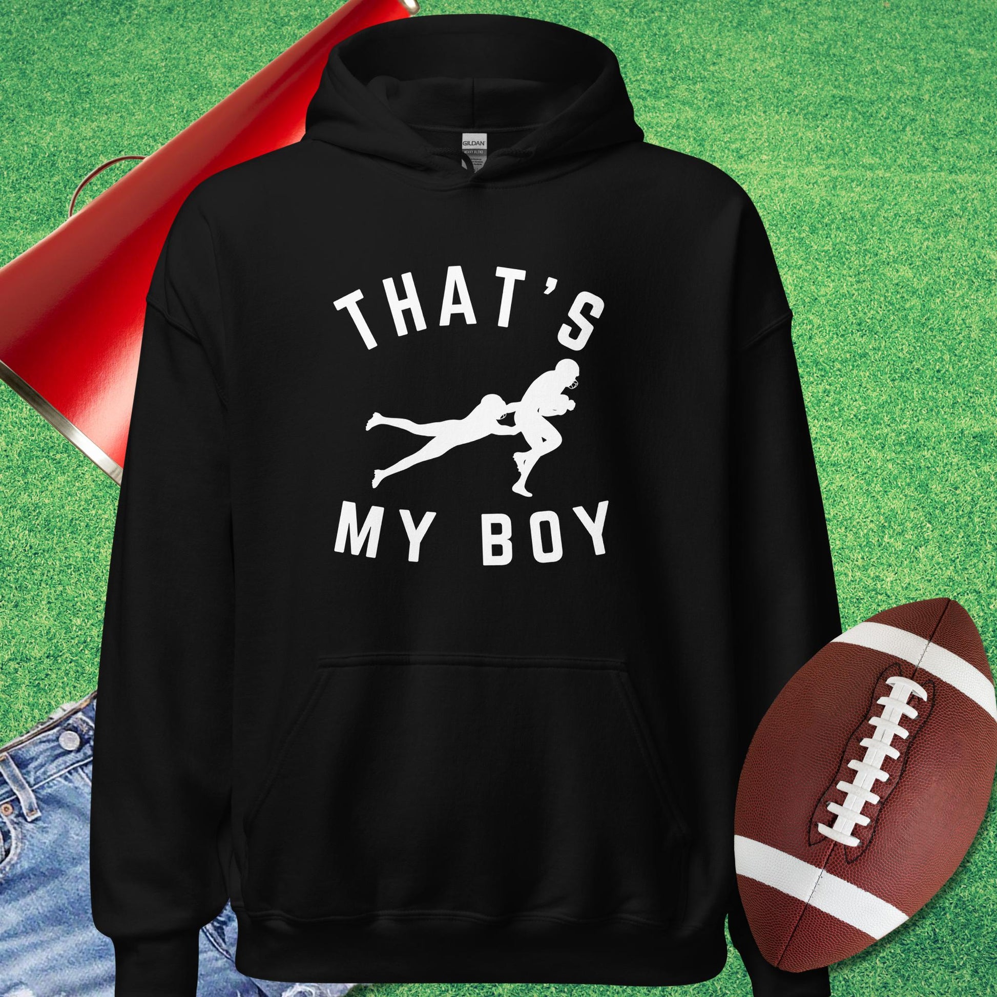That's My Boy on the Tackle Hoodie in Black - Proud Football Dad Hoodie by Sideline Gods