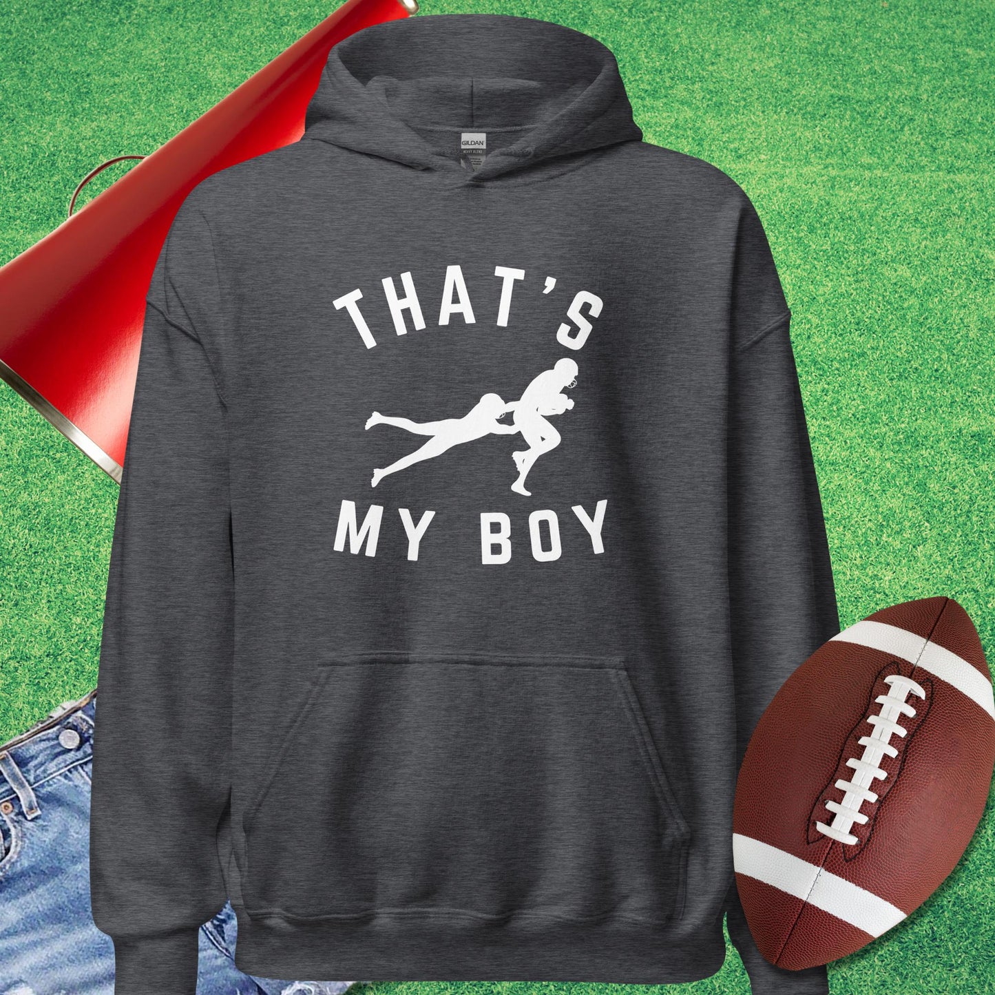 That's My Boy on the Tackle Hoodie in Dark Heather - gifts for football mom Hoodie by Sideline Gods