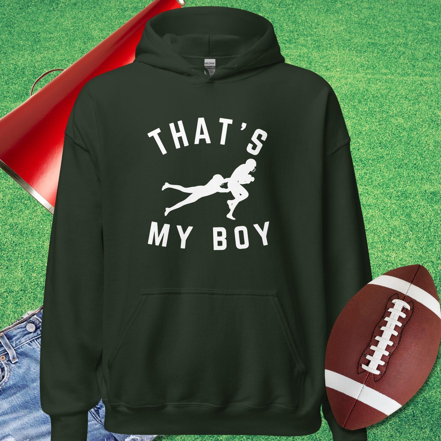 That's My Boy on the Tackle Hoodie in Forest Green - Football Tailgate Hoodie by Sideline Gods