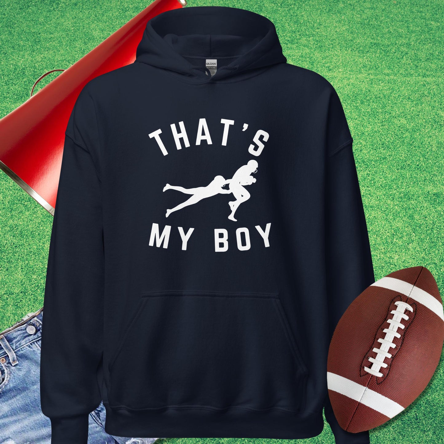 That's My Boy on the Tackle Hoodie in Navy - football game day Hoodie by Sideline Gods