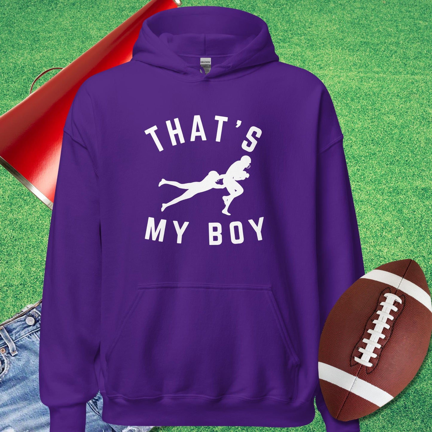 That's My Boy on the Tackle Hoodie in Purple - Friday night lights mom Hoodie by Sideline Gods