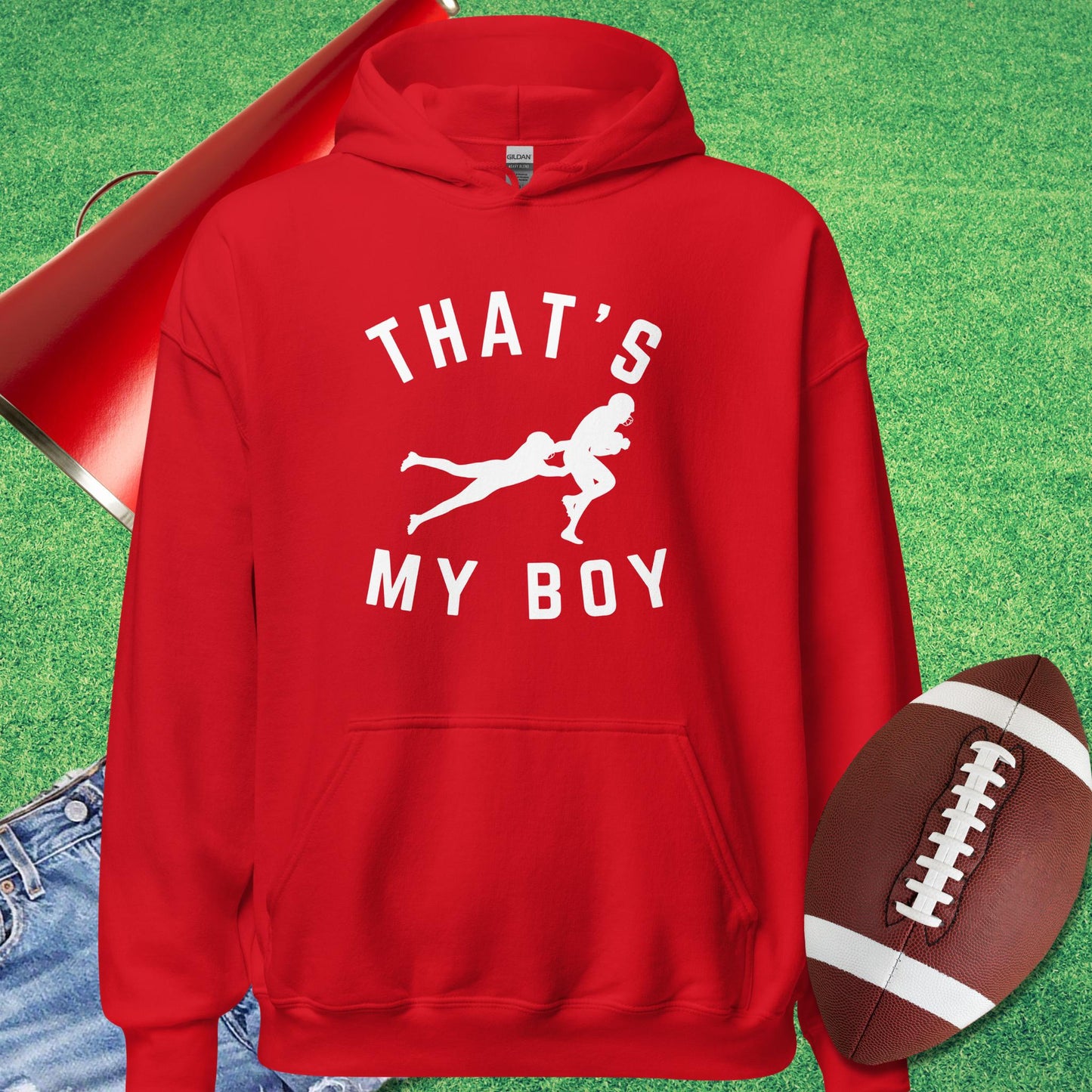 That's My Boy on the Tackle Hoodie in Red - football parent gifts by Sideline Gods