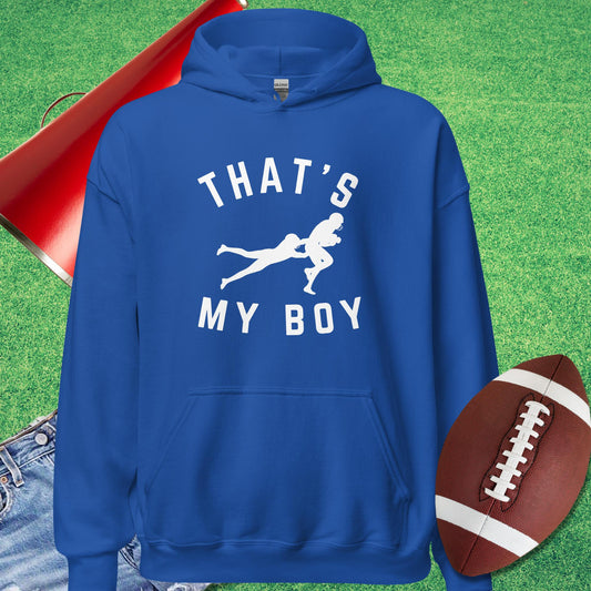 That's My Boy on the Tackle Hoodie in Royal - Proud Football Mom Hoodie by Sideline Gods