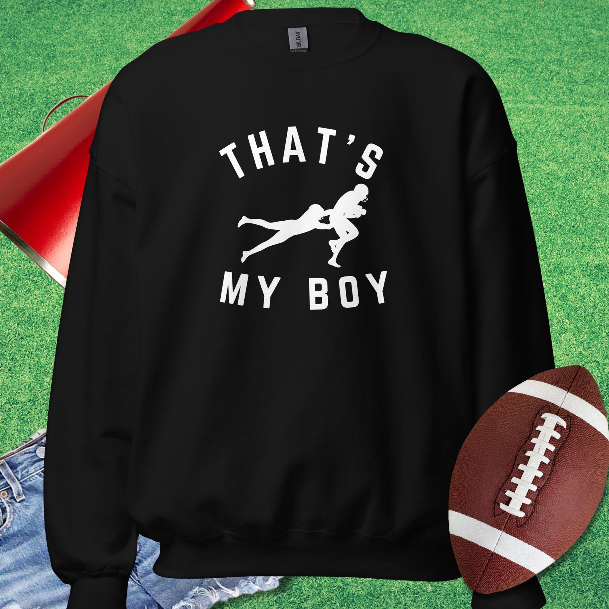That's My Boy on the Tackle Sweatshirt in Black - Proud Football Dad Sweatshirt by Sideline Gods