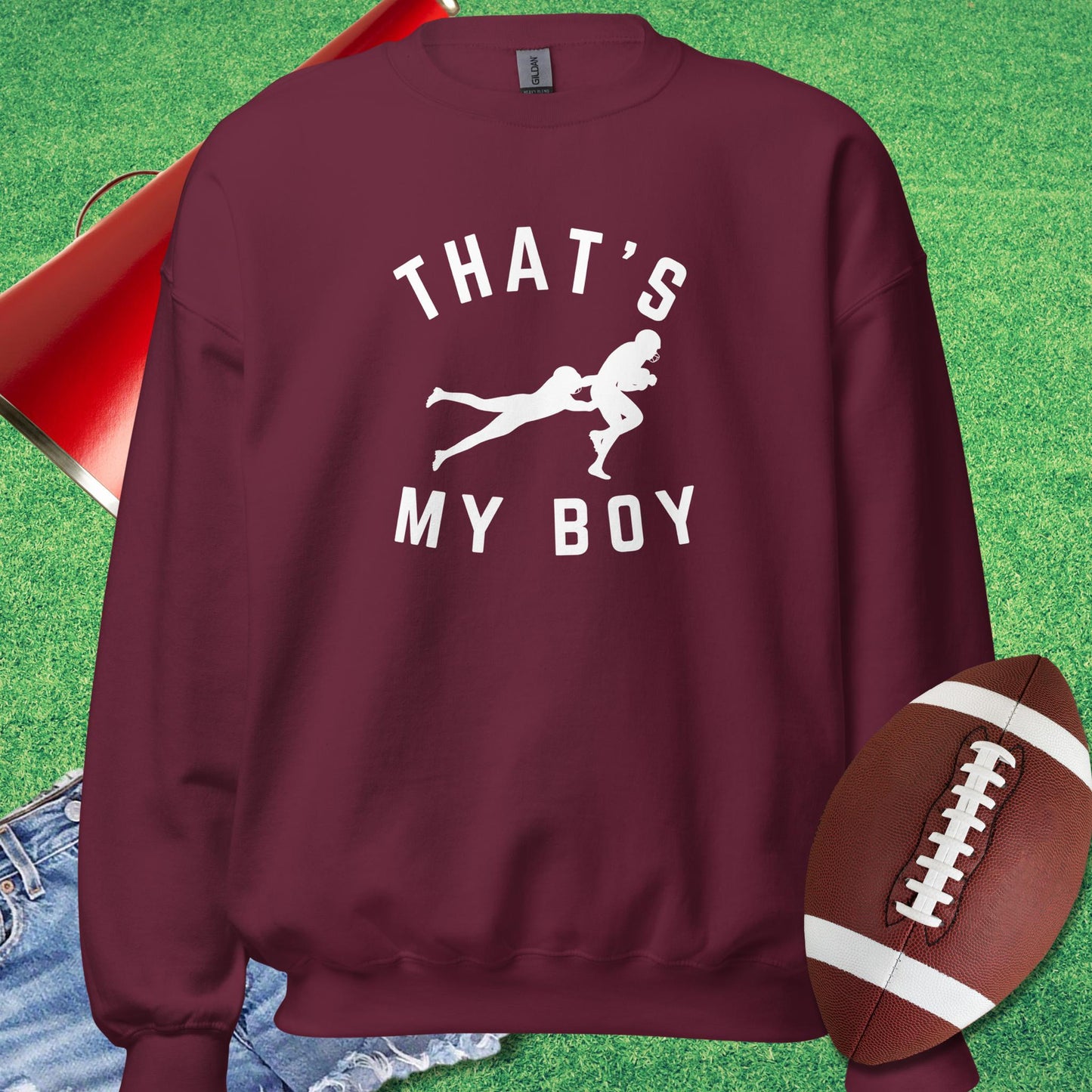 That's My Boy on the Tackle Sweatshirt in Maroon - Friday night lights mom Sweatshirt by Sideline Gods