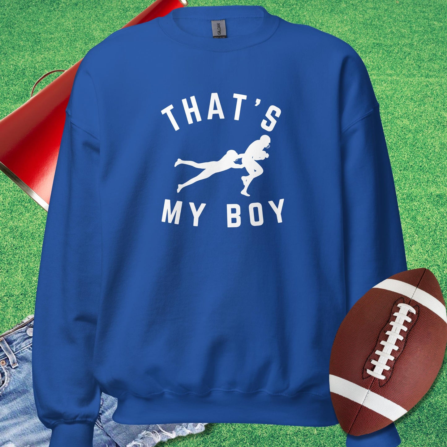 That's My Boy on the Tackle Sweatshirt in Royal - Football Tailgating [product_type} by Sideline Gods