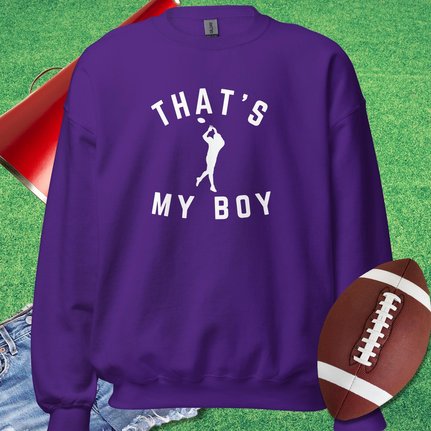 That's My Boy the Receiver Sweatshirt in Purple - Football Tailgate Sweatshirt by Sideline Gods