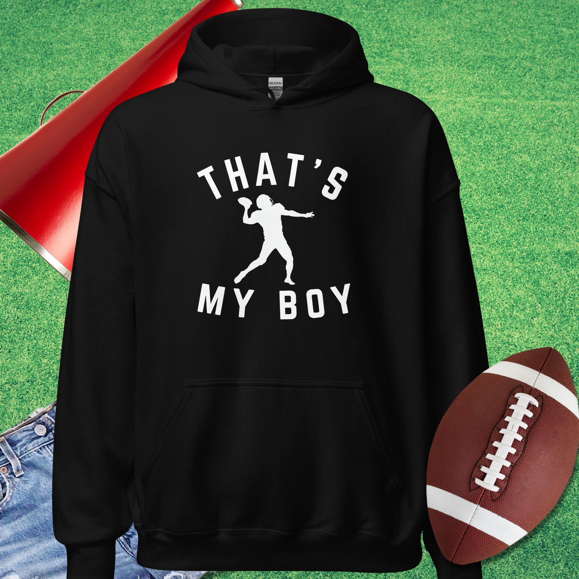 That's My Boy the Quarterback Hoodie in Black - Proud Football Dad Hoodie by Sideline Gods