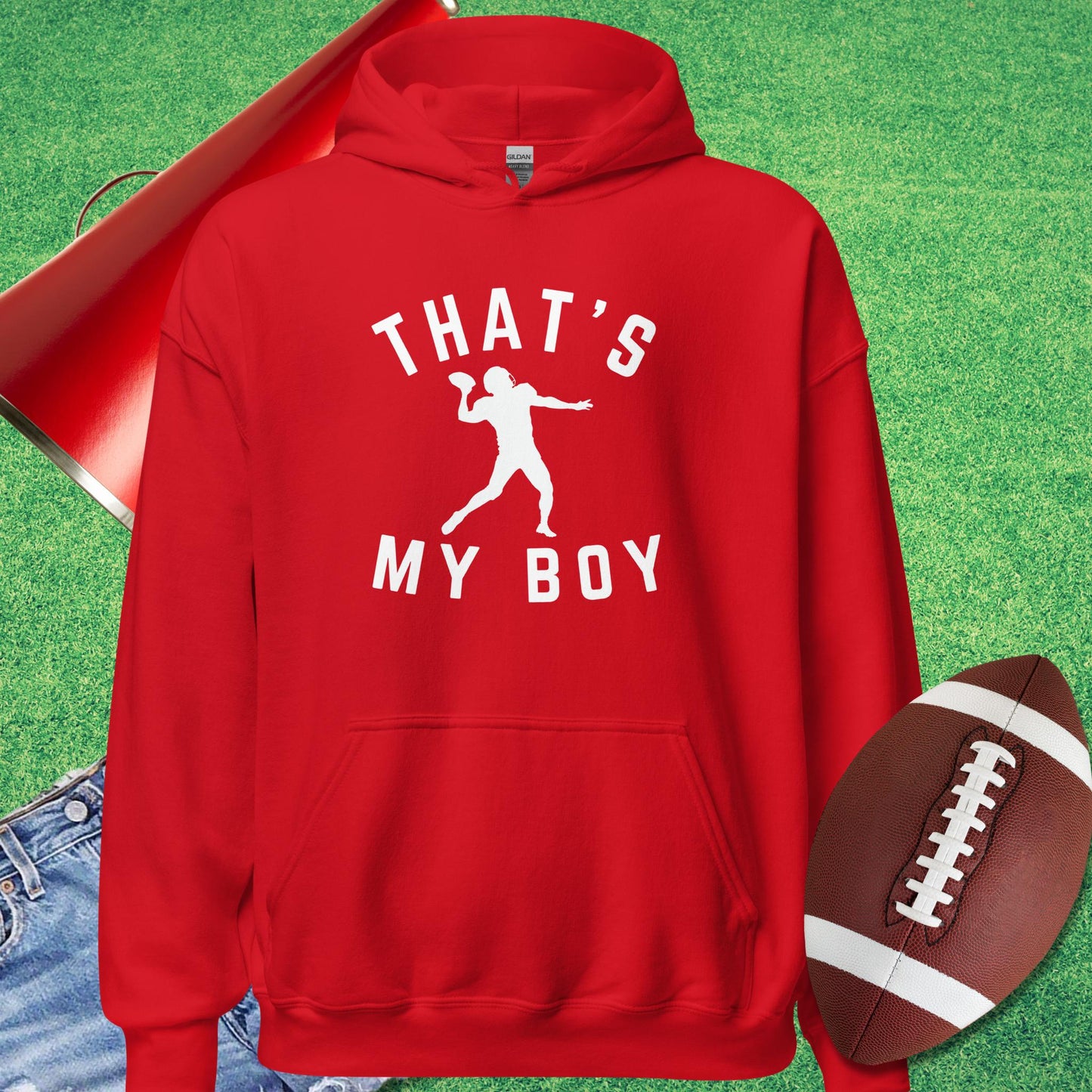 That's My Boy the Quarterback Hoodie in Red - Friday night lights mom Hoodie by Sideline Gods