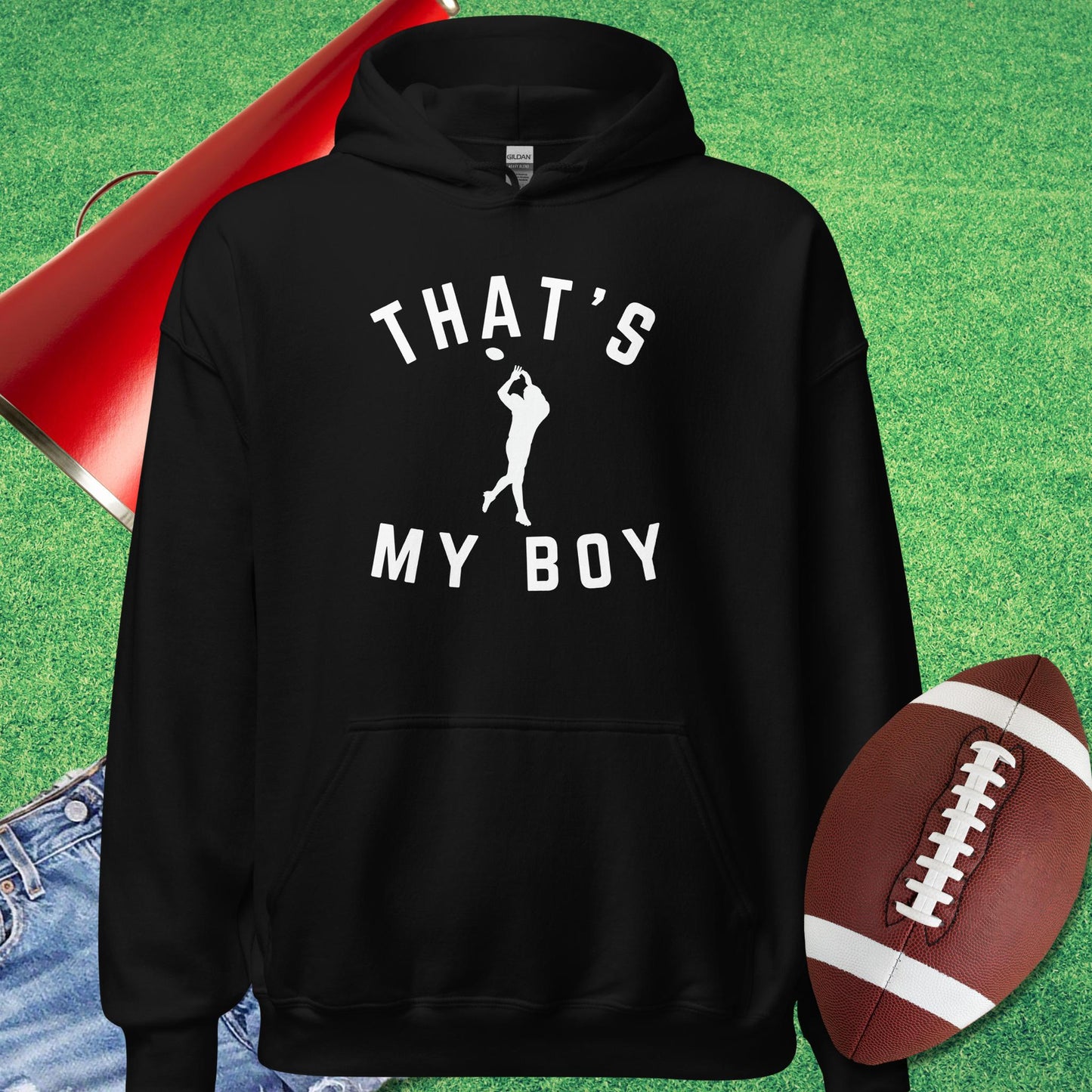 That's My Boy the Receiver Hoodie in Black - Proud Football Dad Hoodie by Sideline Gods