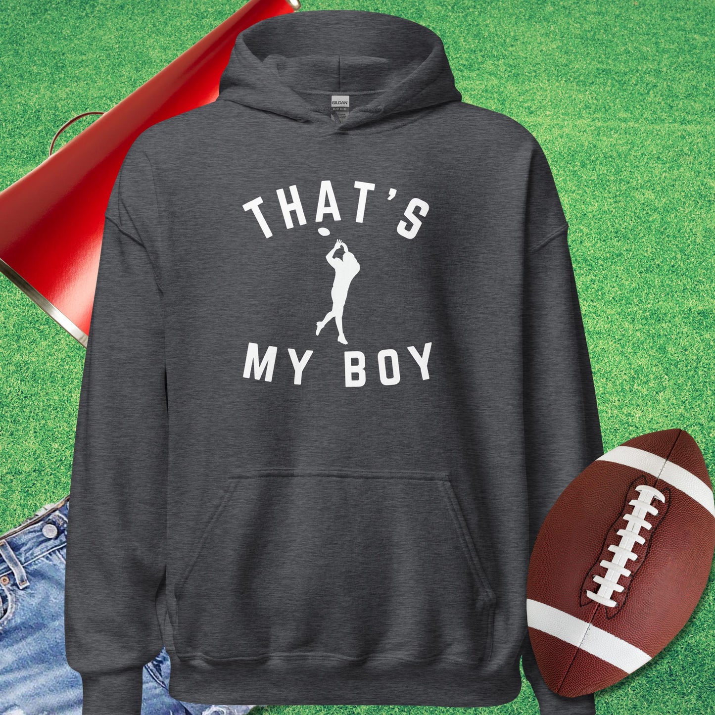 That's My Boy the Receiver Hoodie in Dark Heather - Proud Football Mom Hoodie by Sideline Gods