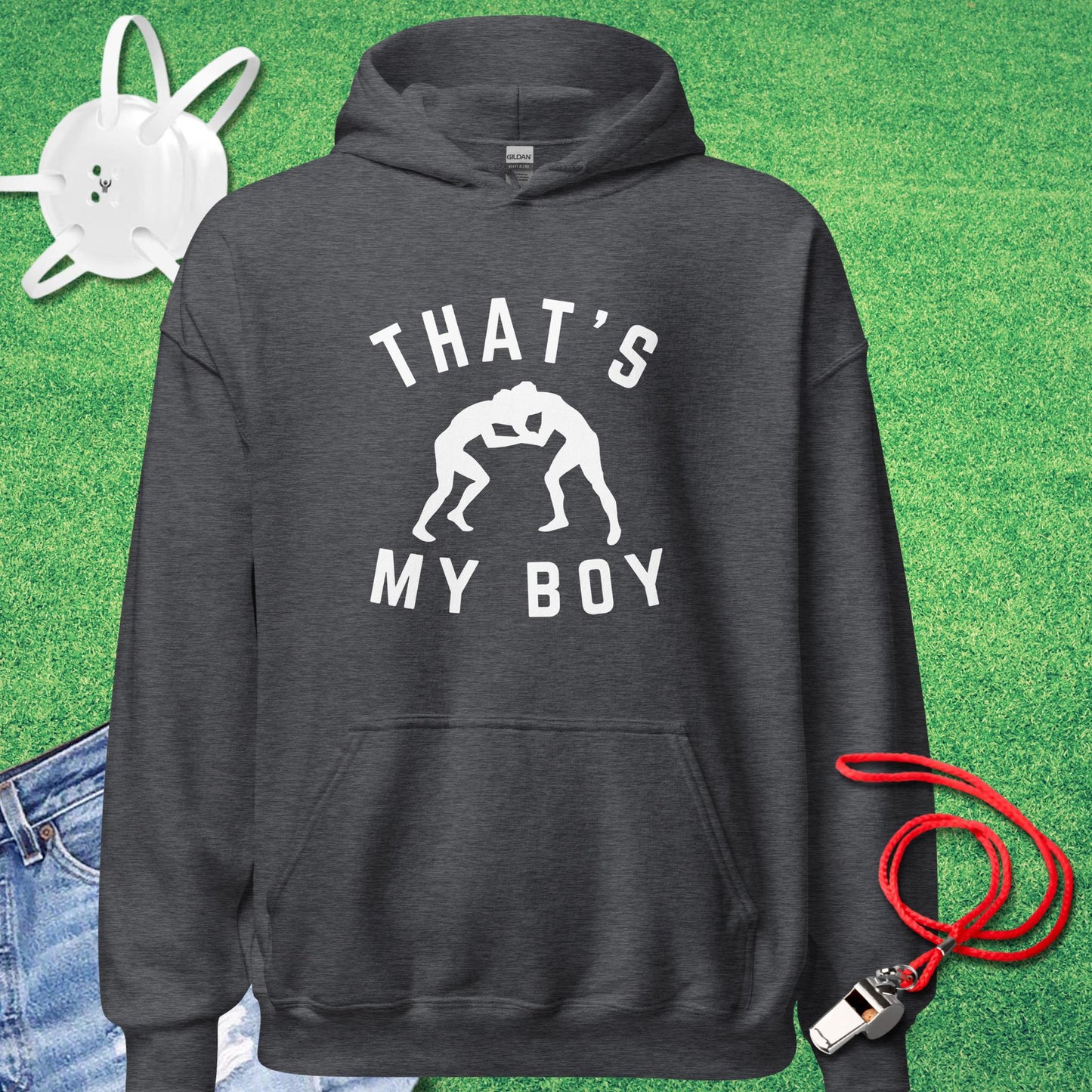 That's My Boy Wrestler Hoodie in Dark Heather - Wrestling Mom Gift | Sideline Gods