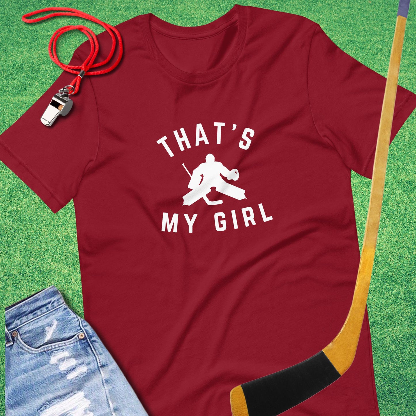 That's My Girl in the Goal Hockey T-Shirt in Cardinal - Proud Ice Hockey Mom T-Shirt | Sideline Gods