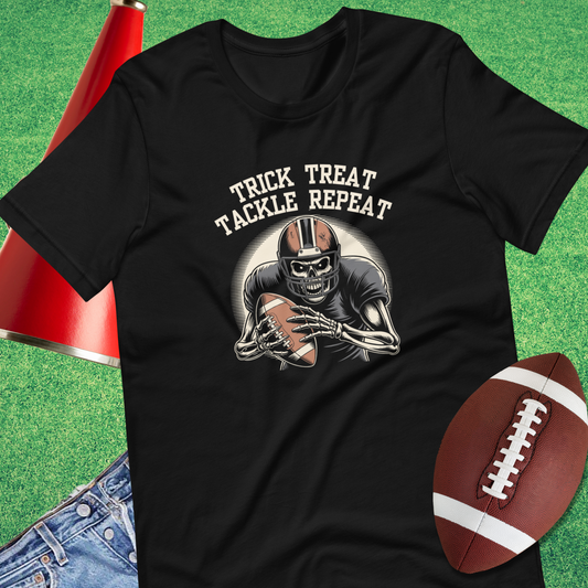 Front view of black Trick Treat Tackle Repeat T-Shirt – Halloween football shirt