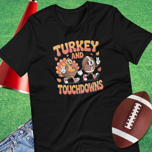 Turkey and Touchdowns T-Shirts in Black - Thanksgiving Football [product_type} by Sideline Gods