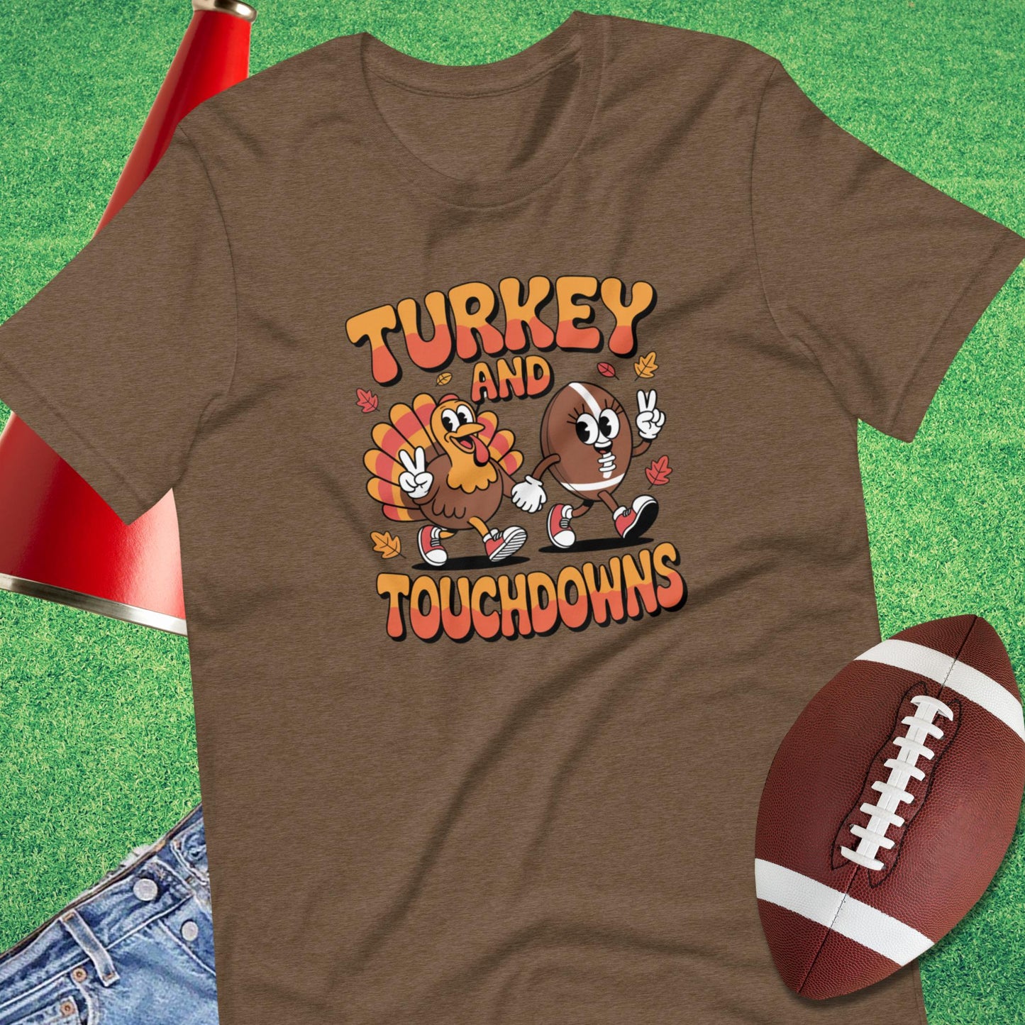 Turkey and Touchdowns T-Shirts in Heather Brown - Thanksgiving Football [product_type} by Sideline Gods