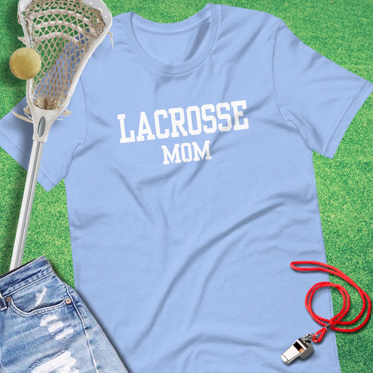 Varsity Lacrosse Mom T-Shirt in Heather Carolina Blue - Lacrosse Mom T-Shirt | Sideline Gods