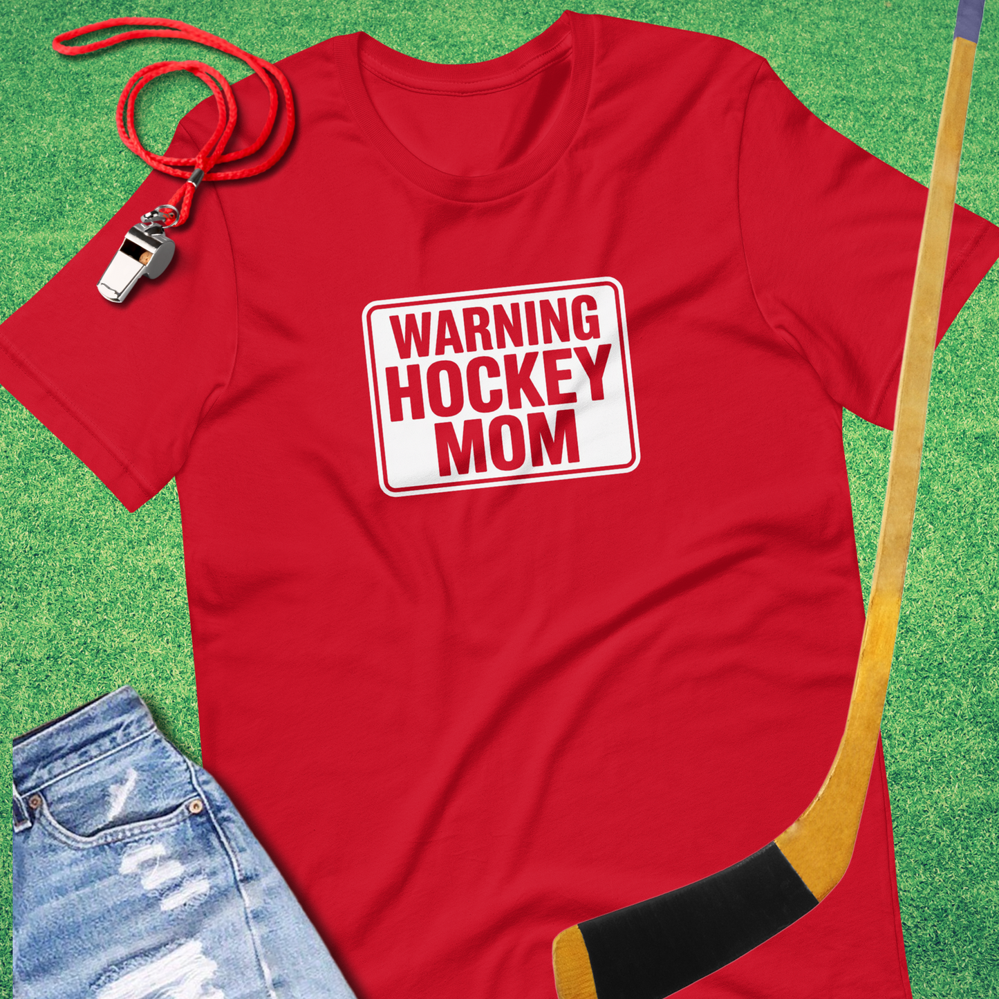 Warning: Hockey Mom T-Shirt in Red - Cute Ice Hockey Mom T-Shirt | Sideline Gods