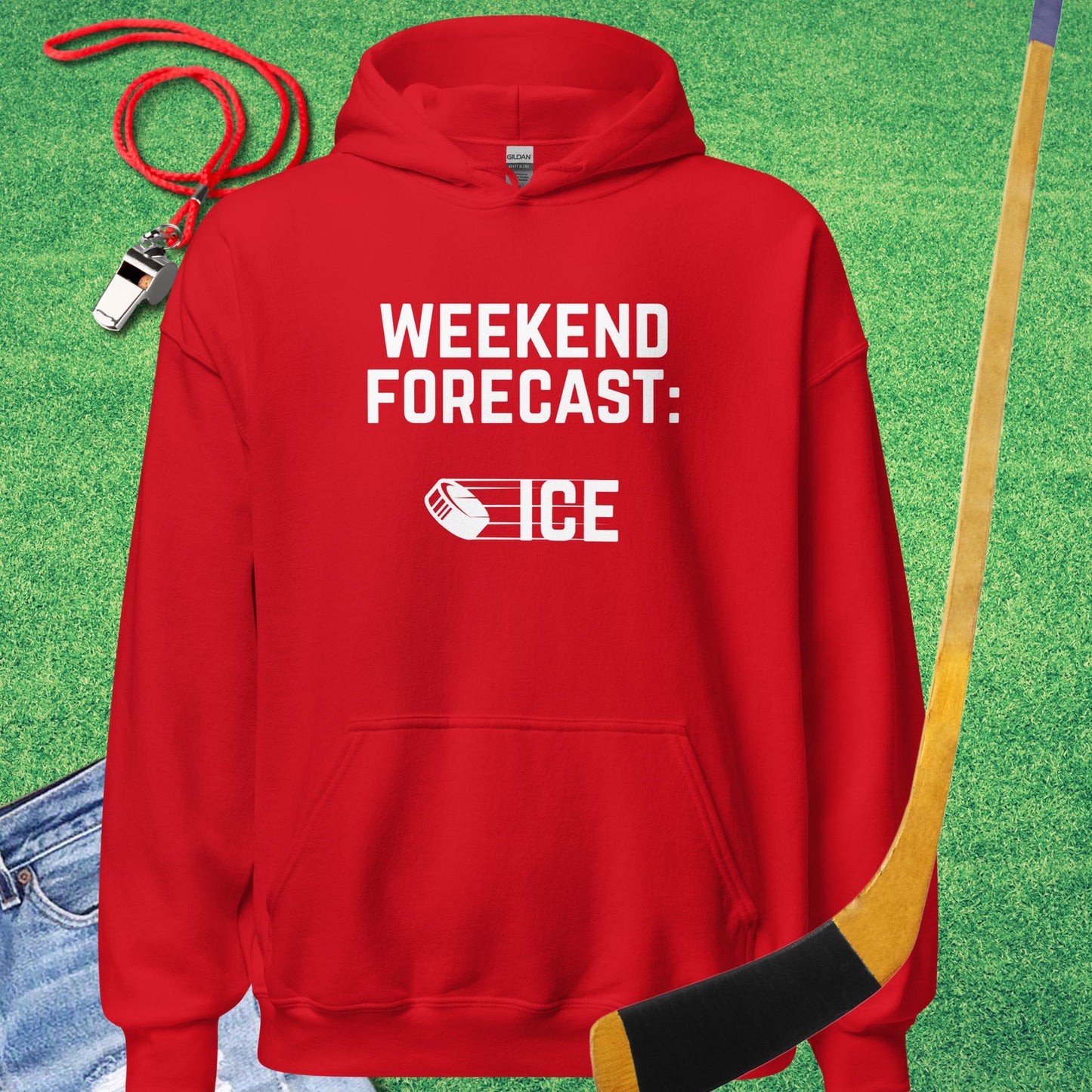 Weekend Forecast: Ice Hoodie in Red - Sarcastic Ice Hockey Hoodie | Sideline Gods