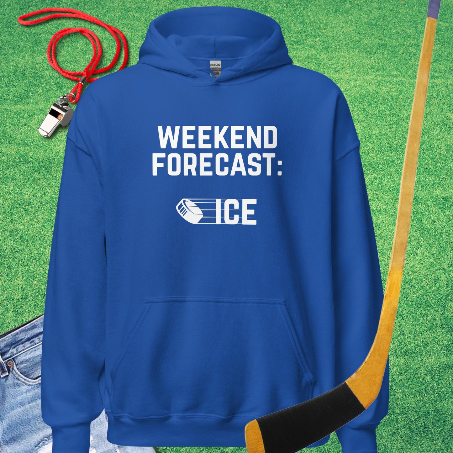 Weekend Forecast: Ice Hoodie in Royal - Humorous Hockey Hoodie | Sideline Gods