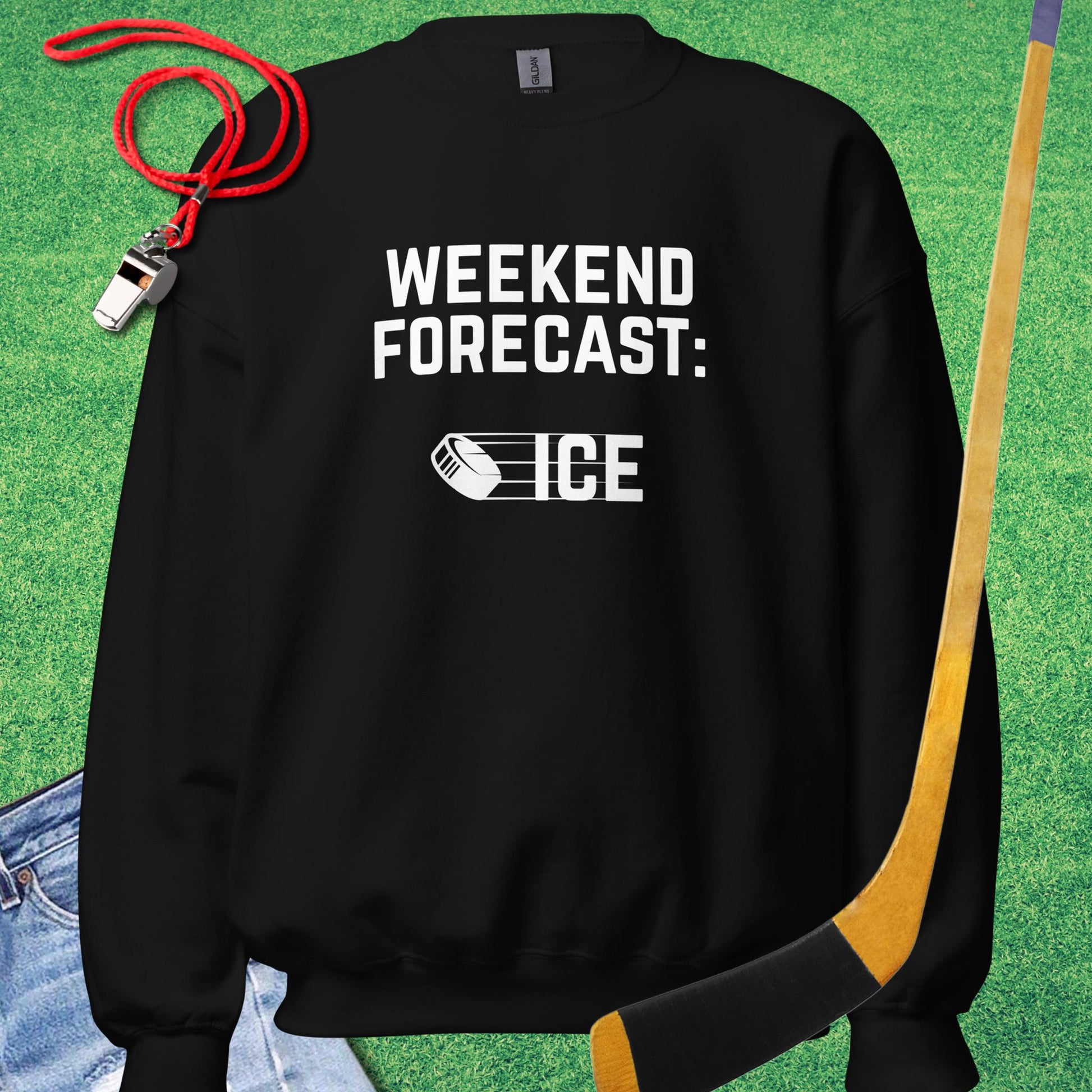 Weekend Forecast: Ice Sweatshirt in Black - Funny Ice Hockey Sweatshirt | Sideline Gods