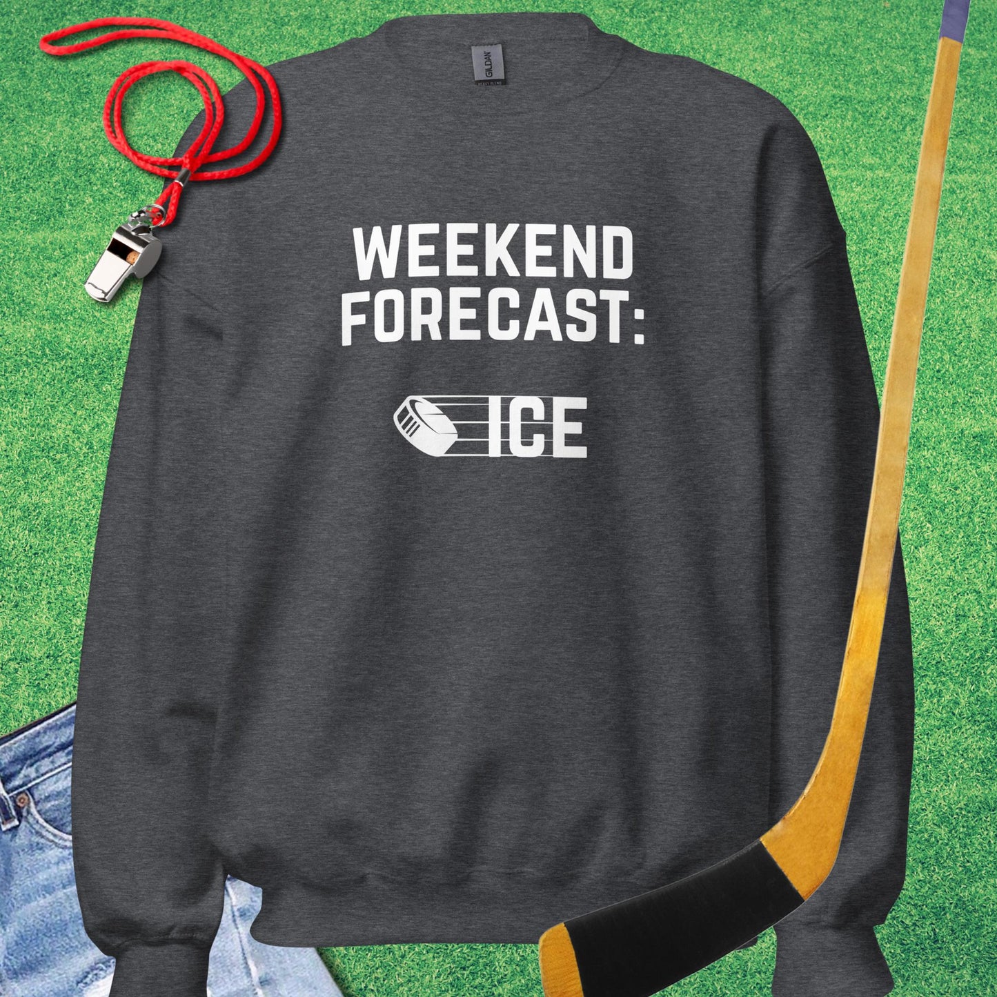 Weekend Forecast: Ice Sweatshirt in Dark Heather - Funny Ice Hockey Gear | Sideline Gods