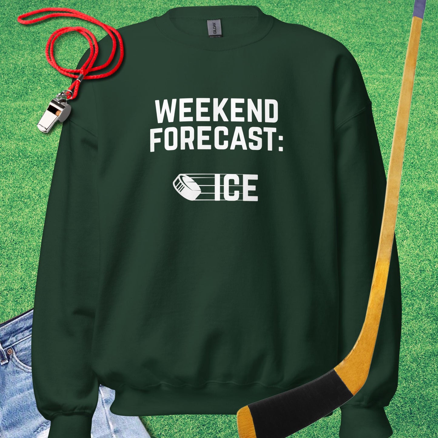 Weekend Forecast: Ice Sweatshirt in Forest Green - Funny Hockey Sweatshirt | Sideline Gods