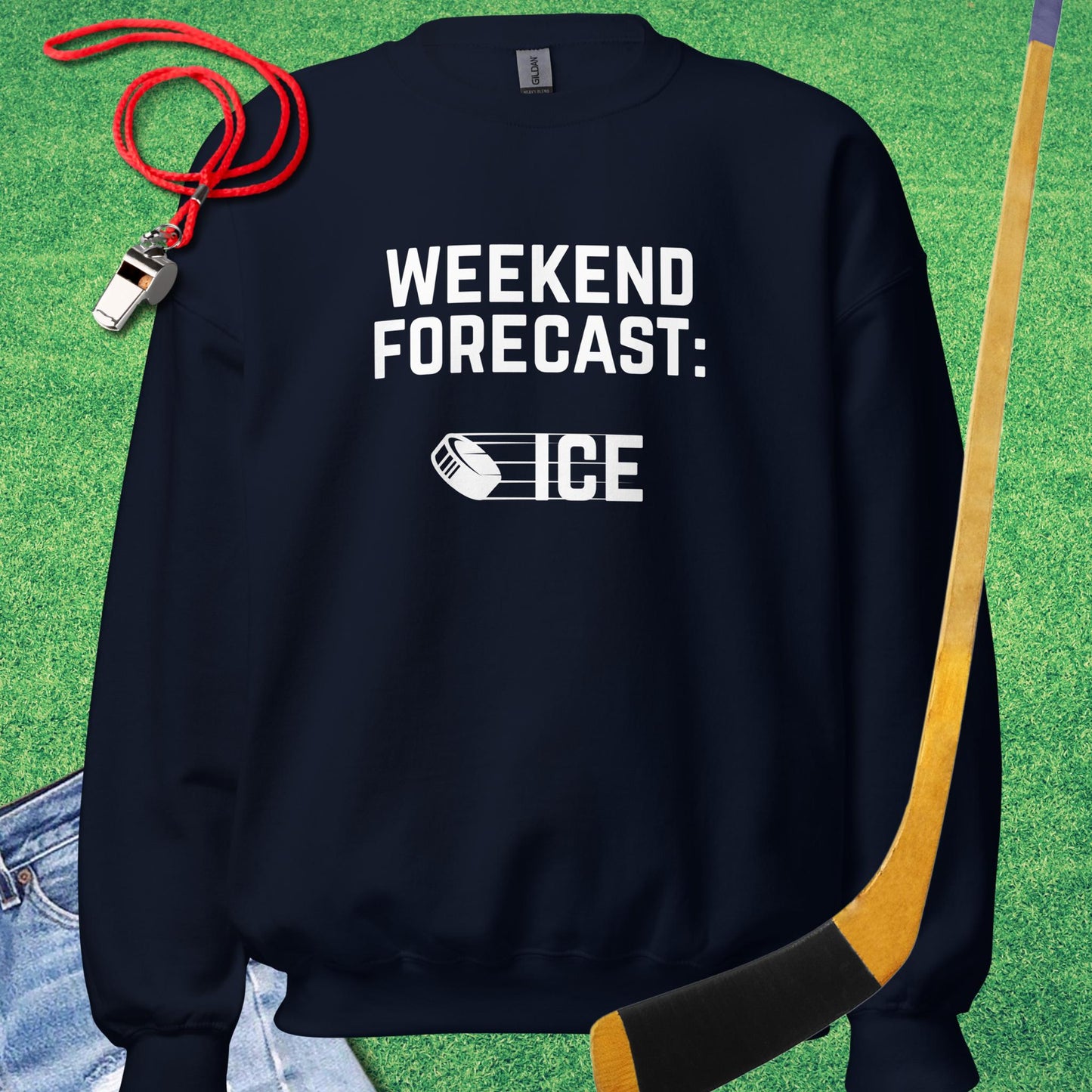 Weekend Forecast: Ice Sweatshirt in Navy - Funny Hockey Gear | Sideline Gods