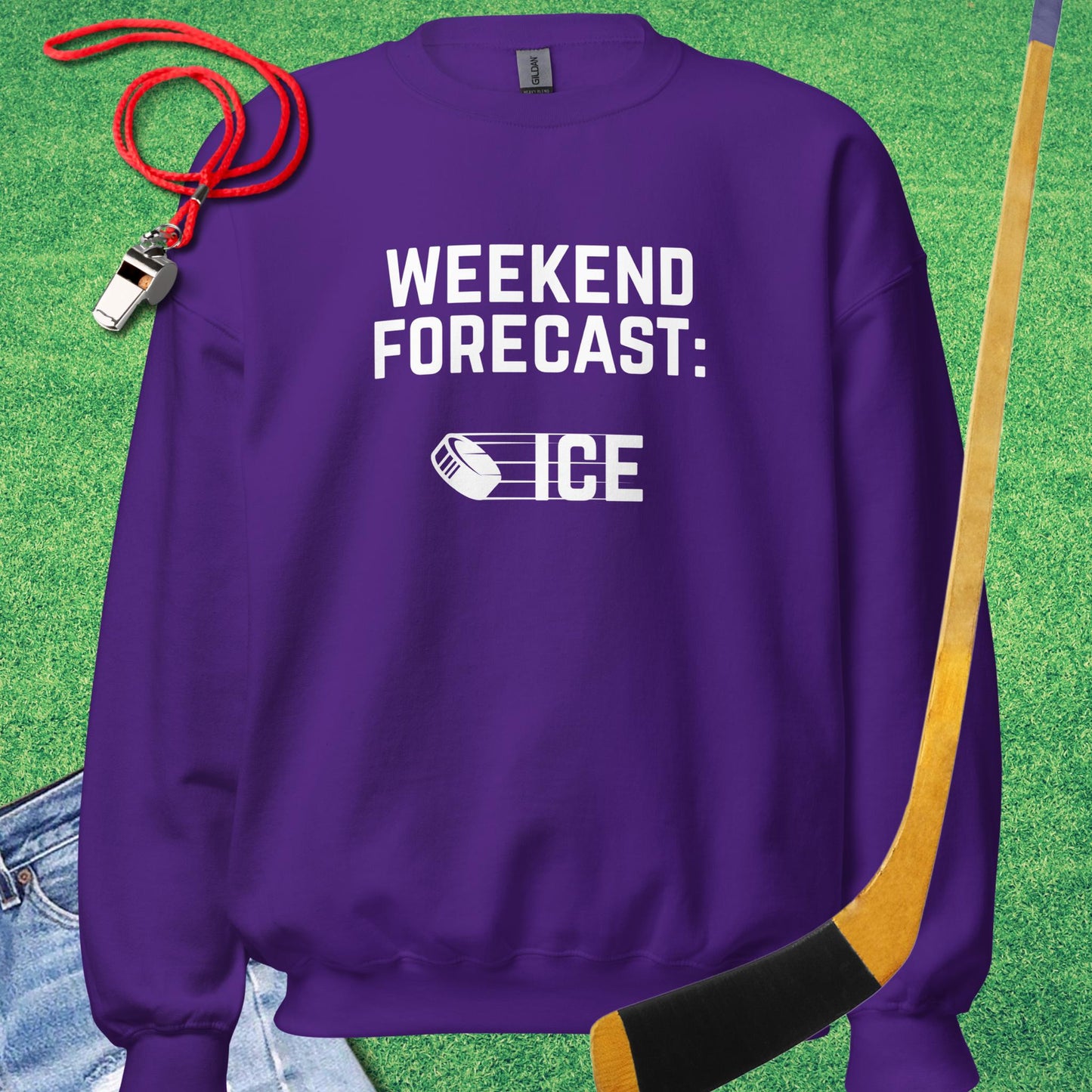 Weekend Forecast: Ice Sweatshirt in Purple - Humorous Ice Hockey Sweatshirt | Sideline Gods