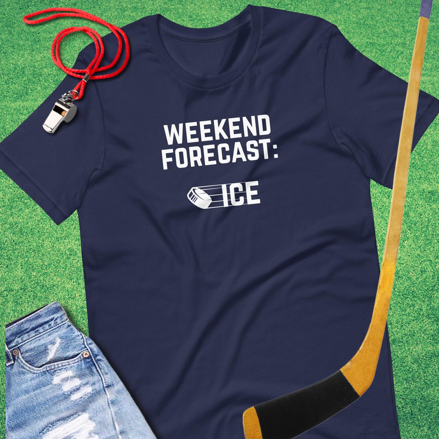 Weekend Forecast: Ice T-Shirt in Navy - Humorous Ice Hockey T-Shirt | Sideline Gods