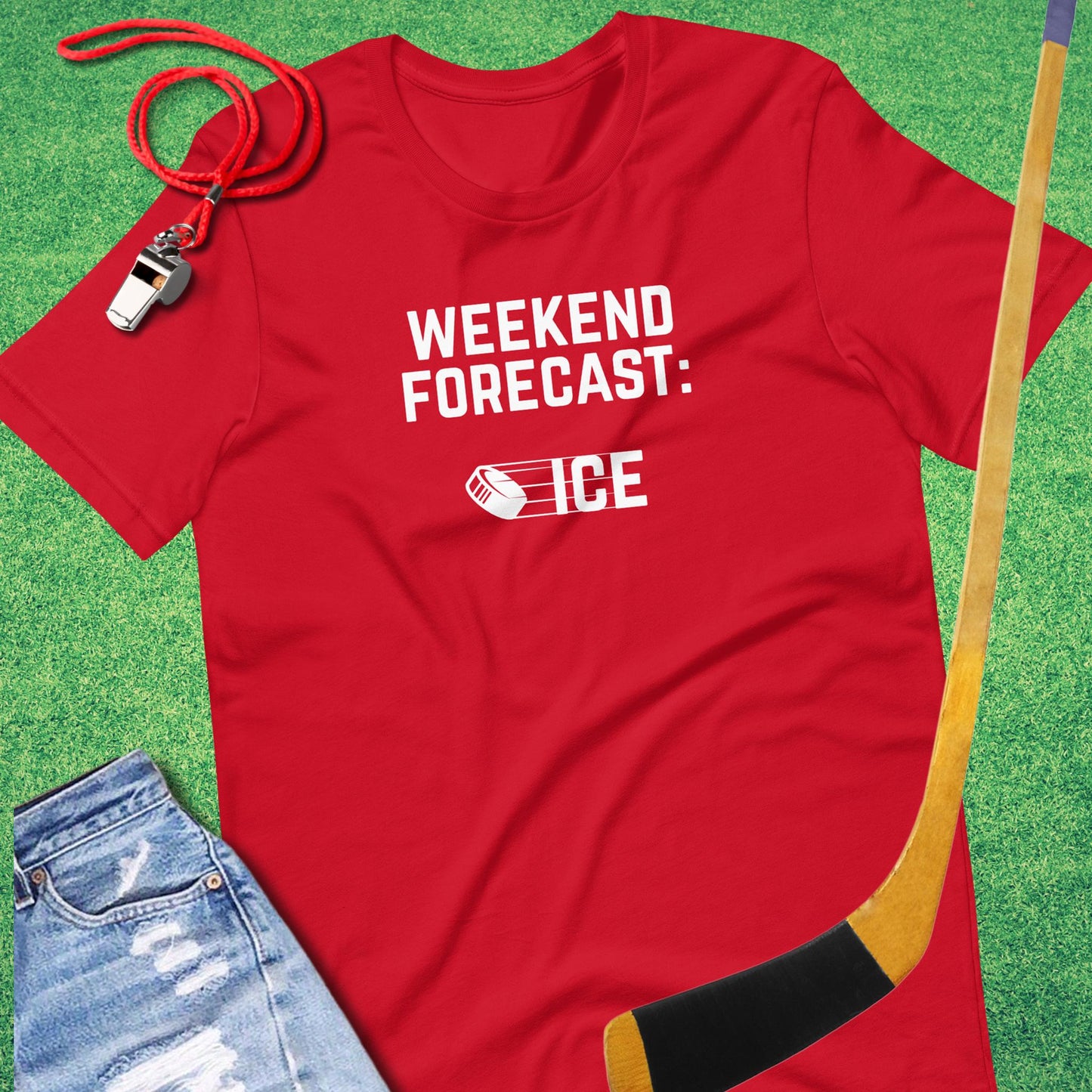 Weekend Forecast: Ice T-Shirt in Red - Sarcastic Ice Hockey T-Shirt | Sideline Gods