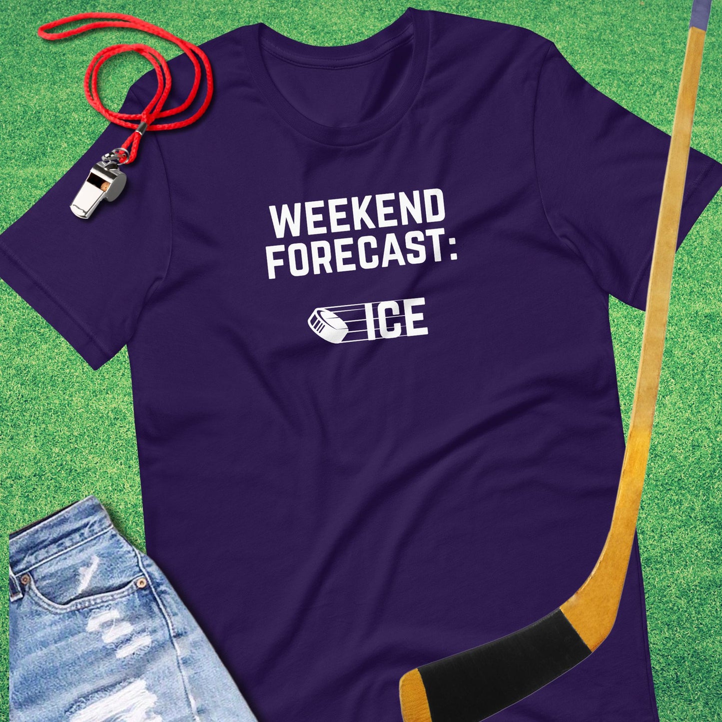 Weekend Forecast: Ice T-Shirt in Team Purple - Humorous Hockey T-Shirt | Sideline Gods