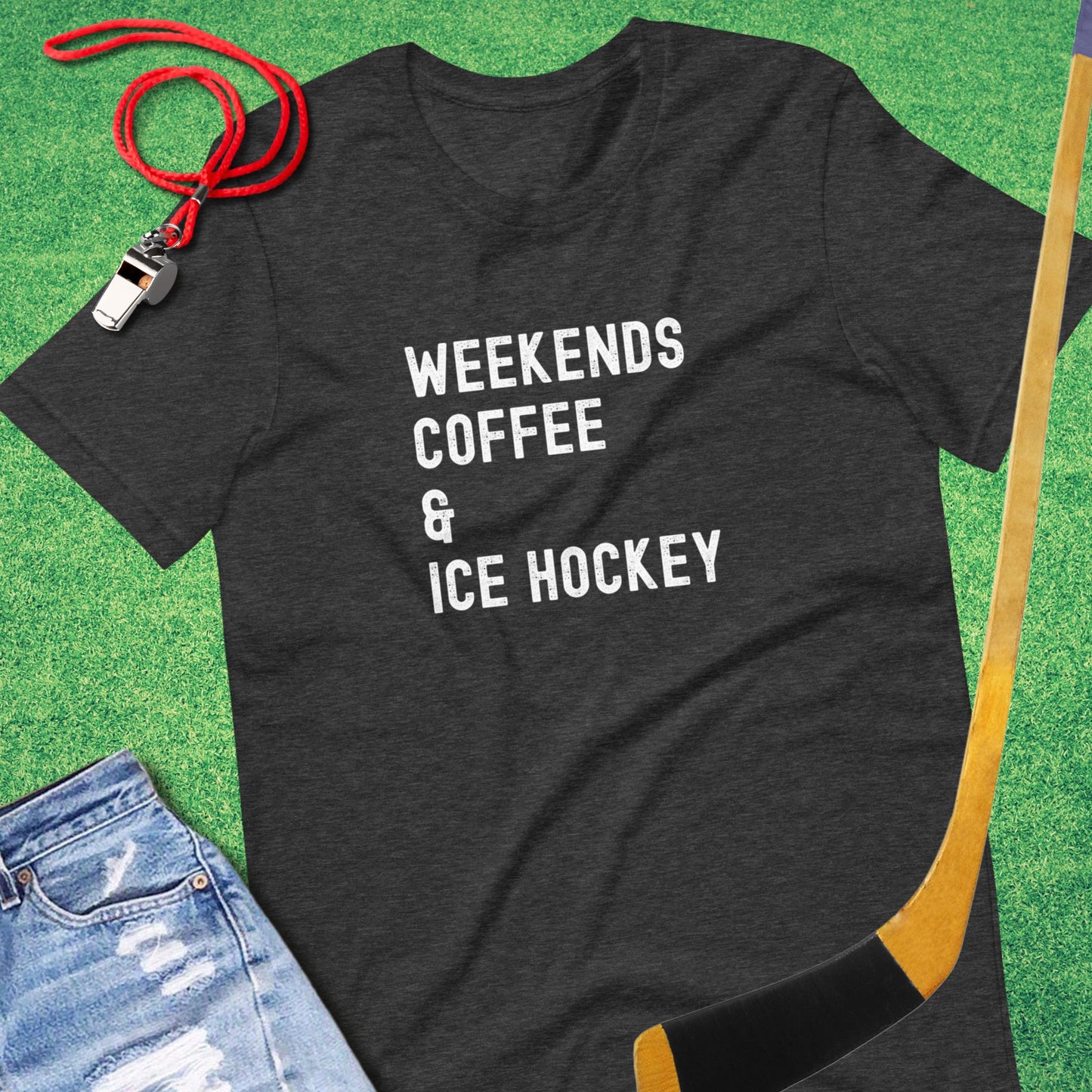 Weekends, Coffee & Ice Hockey T-Shirt in Dark Grey Heather - Ice Hockey Mom Spirit | Sideline Gods