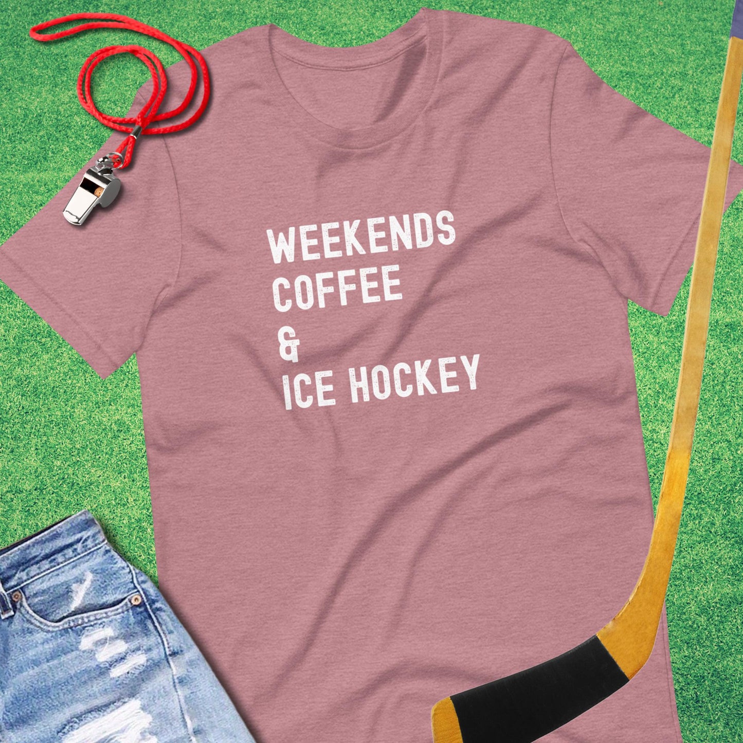 Weekends, Coffee & Ice Hockey T-Shirt in Heather Orchid - Ice Hockey Mom Gift | Sideline Gods