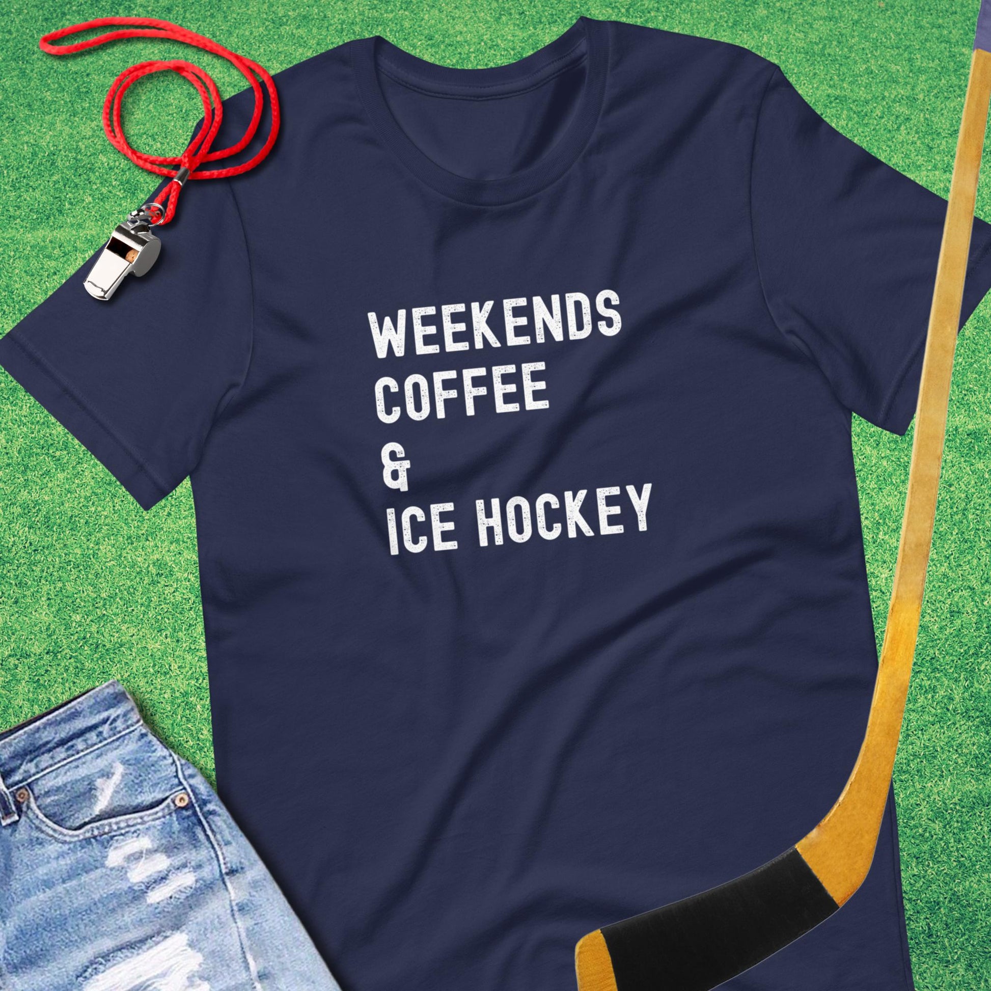Weekends, Coffee & Ice Hockey T-Shirt in Navy - Ice Hockey Mom T-Shirt | Sideline Gods
