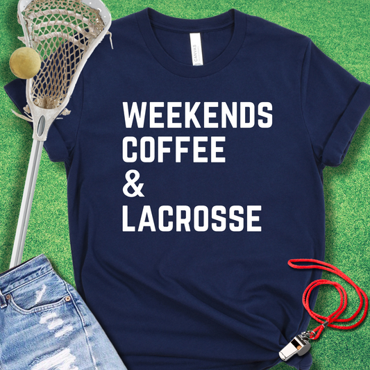 Weekends, Coffee & Lacrosse T-Shirt in Heather Midnight Navy - Lacrosse Mom T-Shirt | Sideline Gods