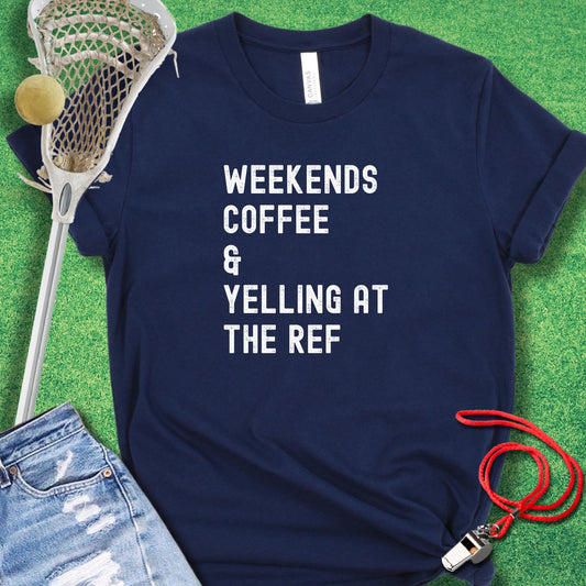 Weekends Coffee & Yelling at the Ref T-Shirt in Heather Midnight Navy - Funny Sports T-Shirt | Sideline Gods
