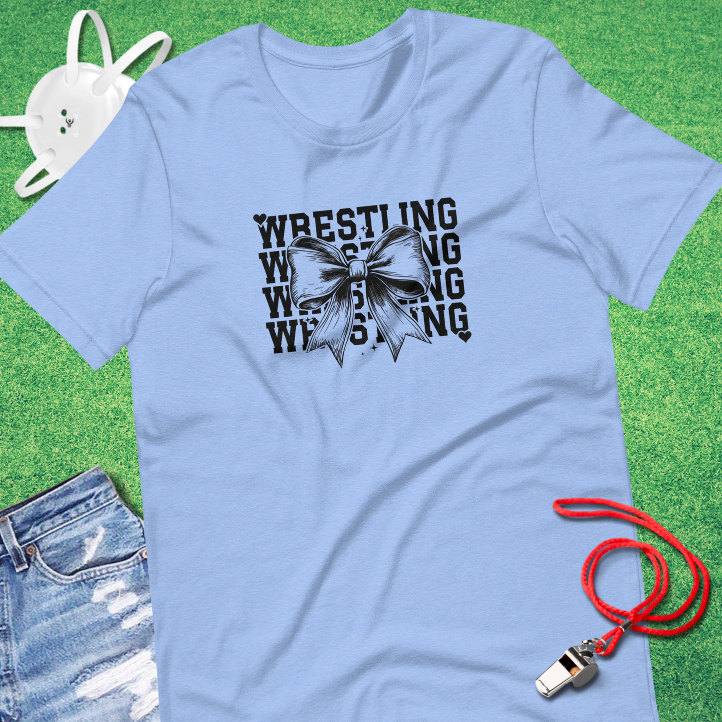 Wrestling Bow T-shirt in Heather Carolina Blue - Wrestling Mom T-Shirt | Sideline Gods